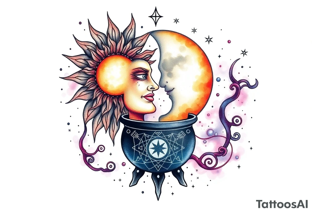 celestial sun and moon embrace with constellation patterns runes in galaxy coming out of witch cauldron tattoo idea