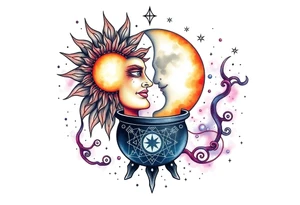 celestial sun and moon embrace with constellation patterns runes in galaxy coming out of witch cauldron tattoo idea