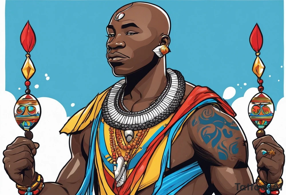 Black-skinned bald african warrior. He wears a simple and small silver crown. He uses two simple necklaces: one blue, other red. He has cowry shells in his crown tattoo idea