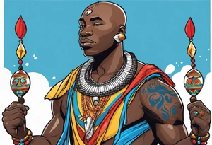 Black-skinned bald african warrior. He wears a simple and small silver crown. He uses two simple necklaces: one blue, other red. He has cowry shells in his crown tattoo idea