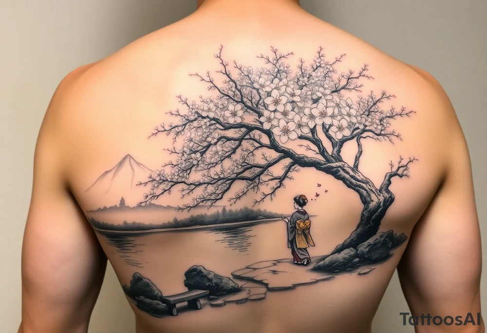 Large realistic cherry blossom tree in full bloom next to a river with mountains in the back ground and a geisha strolling next to a stone bench tattoo idea