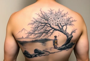 Large realistic cherry blossom tree in full bloom next to a river with mountains in the back ground and a geisha strolling next to a stone bench tattoo idea