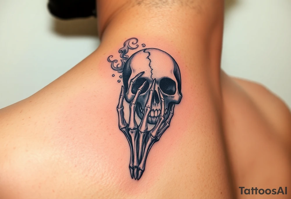 A skeletal hand holding a cracked Death Eater mask, with mist swirling around it, symbolizing secrecy and power tattoo idea