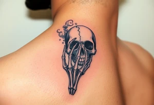 A skeletal hand holding a cracked Death Eater mask, with mist swirling around it, symbolizing secrecy and power tattoo idea