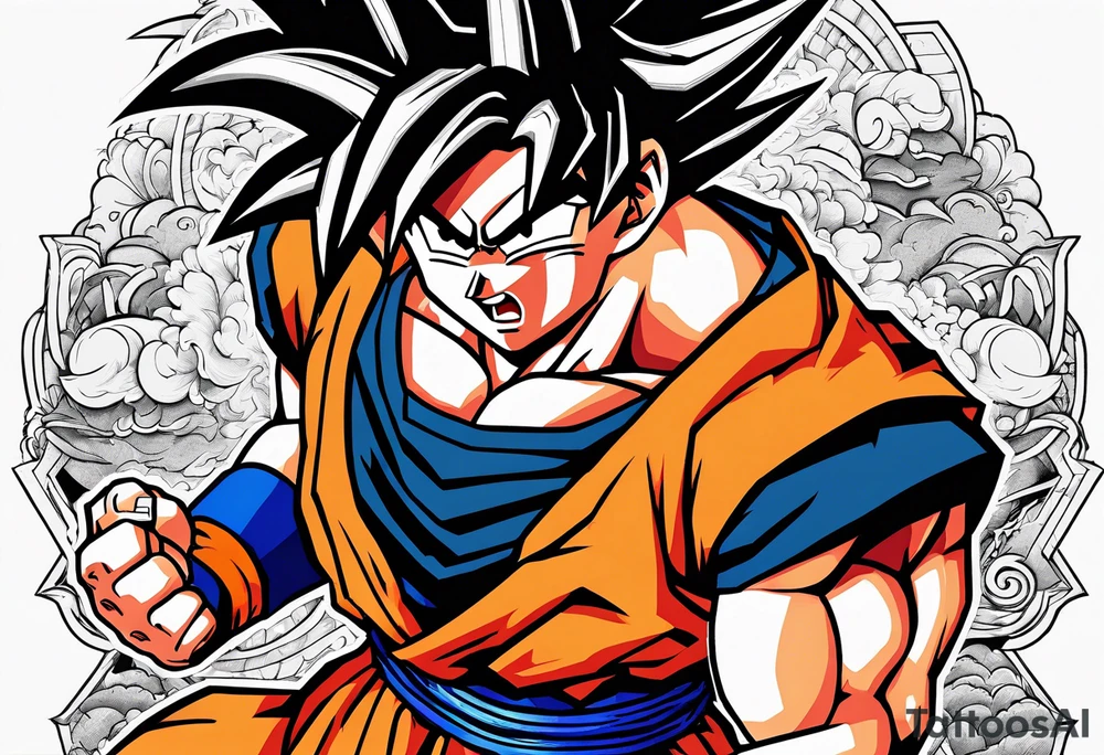 Son-Goku as a super saiyajin . A huge dragonball surrounds the whole scenery. Gokus friends are surrounding him as shadows tattoo idea