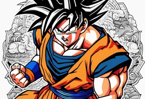 Son-Goku as a super saiyajin . A huge dragonball surrounds the whole scenery. Gokus friends are surrounding him as shadows tattoo idea