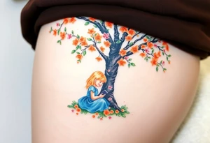 An orange tree full of flowers. Under the tree, a little blond girl wearing a blue dress sitting while reading. 


. tattoo idea