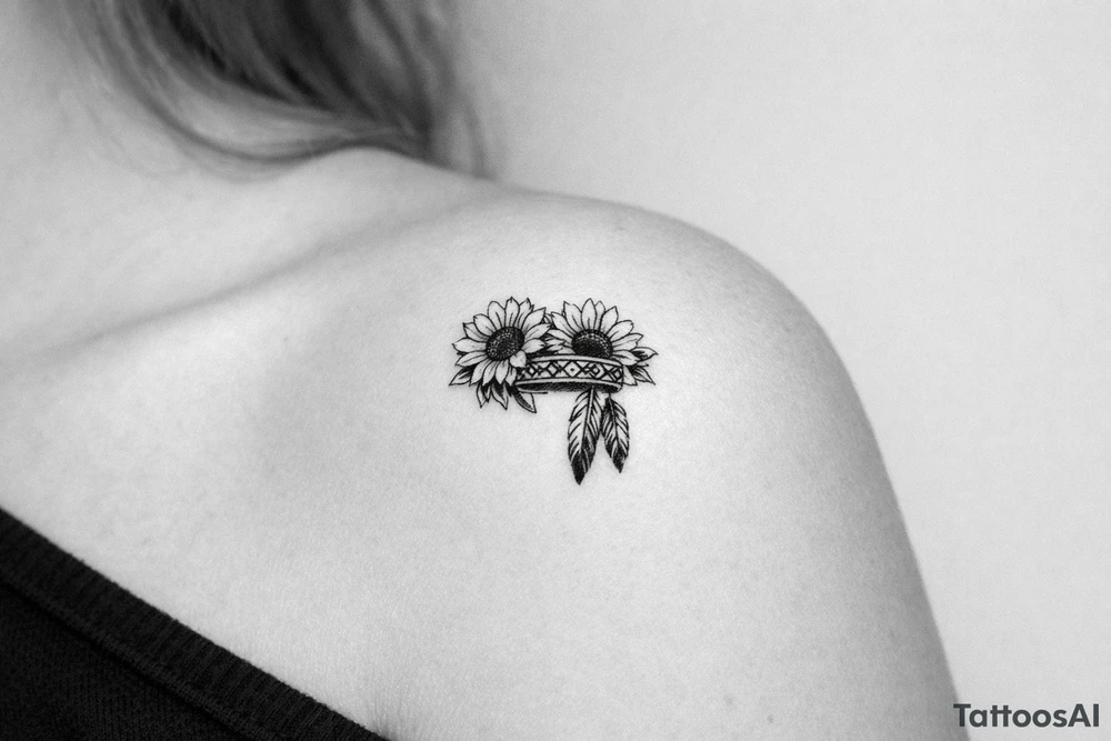 sunflowers with feathers and female Indian headband ribbon tattoo idea