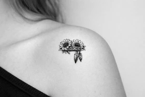 sunflowers with feathers and female Indian headband ribbon tattoo idea