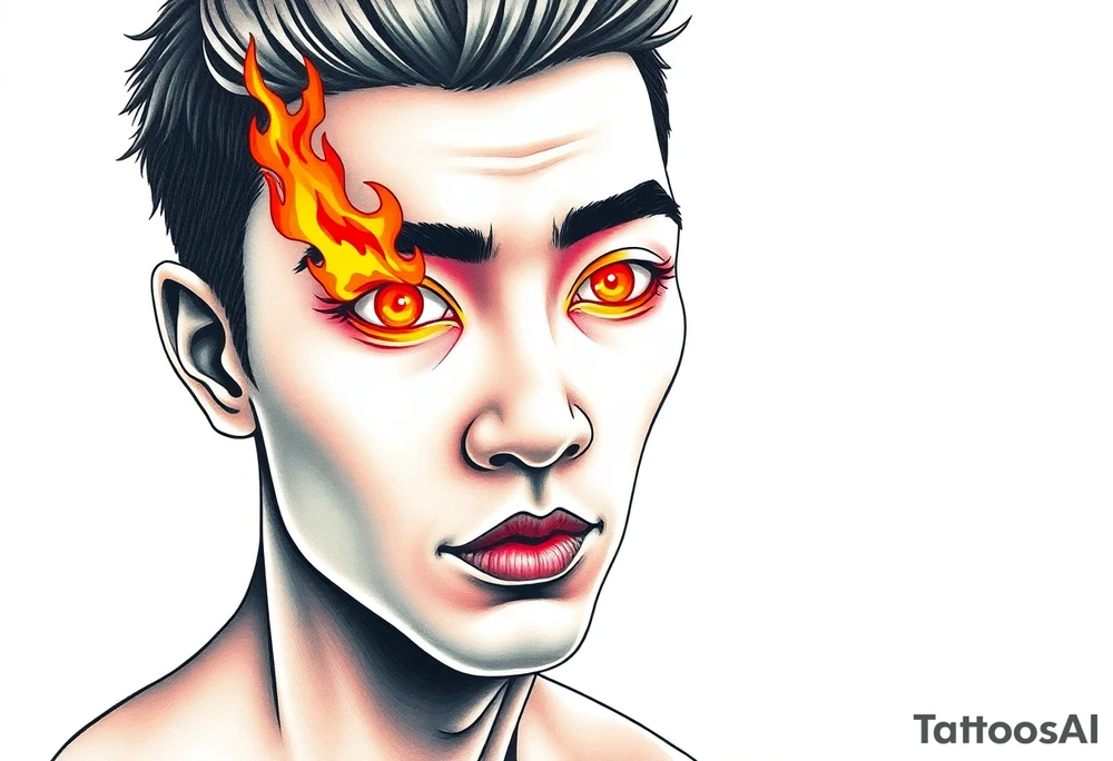 Handsome Asian young guy with burning eyes tattoo idea