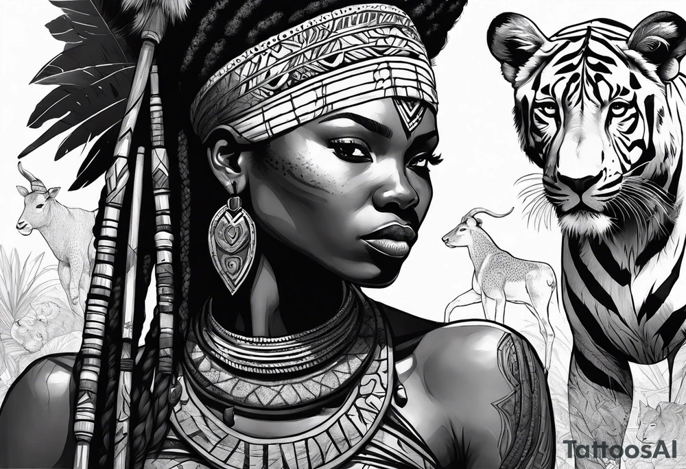 African woman warrior with tribe scars holding a spear with animals in the background tattoo idea