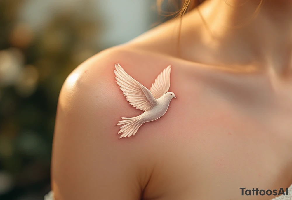 A majestic white dove with outstretched wings, gracefully soaring through the sky, with soft golden light illuminating its feathers. Delicate wisps of clouds swirl around it, creating a sense of movement and freedom. A flowing silk ribbon in soft pastel pink tattoo idea