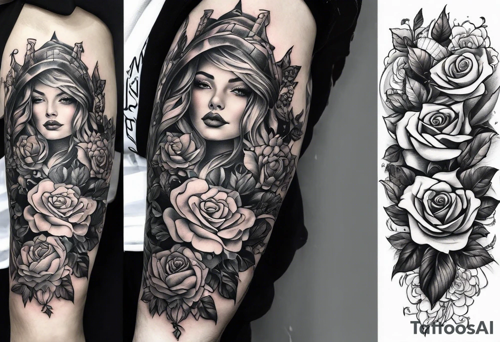 Tattoo thigh peice with Roses and flowers With nursing and hunting and cows and bulls and fishing and love and church. tattoo idea