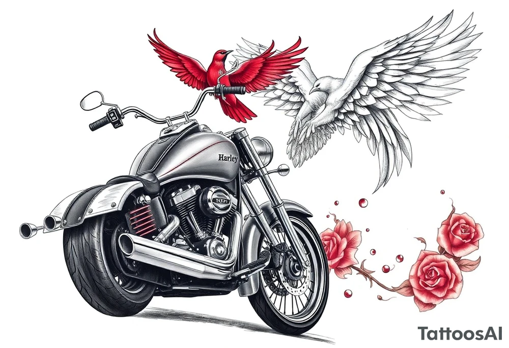 Harley grey motorcycle driving away, two red birds flying, roses, flames, angel wings tattoo idea