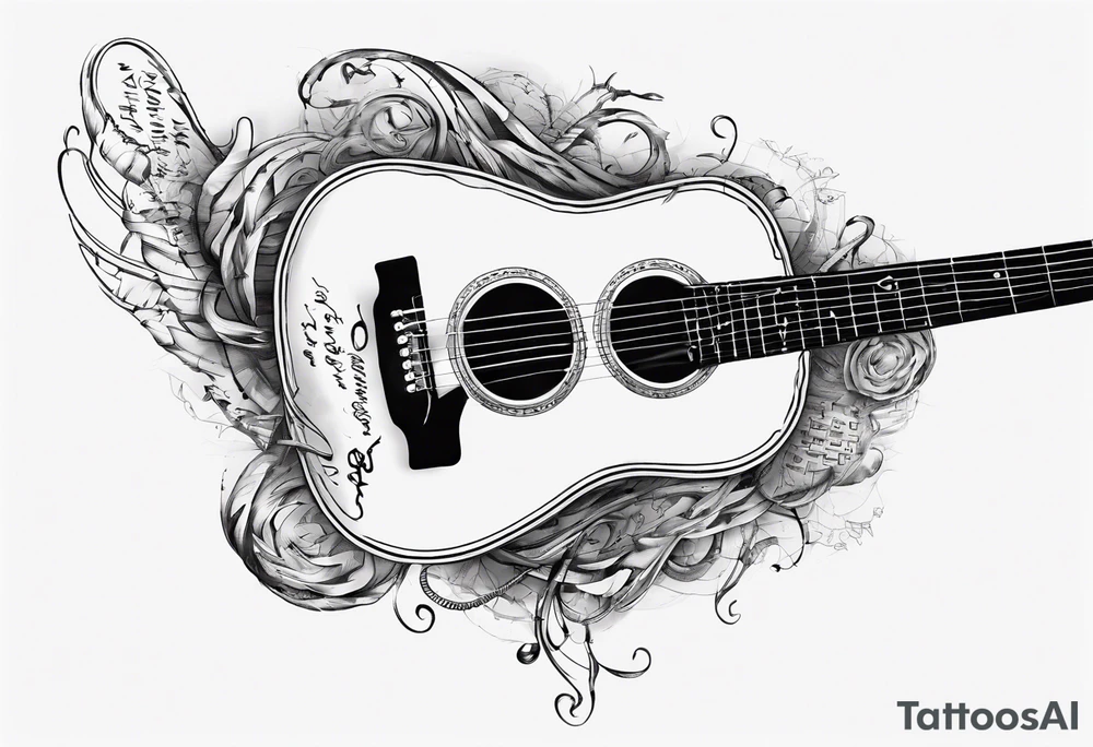 Acoustic Guitar neck with strings made of signatures emerging from skin tattoo idea