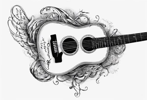 Acoustic Guitar neck with strings made of signatures emerging from skin tattoo idea
