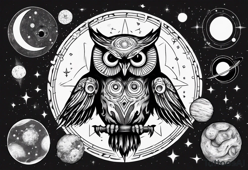 Demon Owlsurrounded by cosmic astrology and planets. tattoo idea