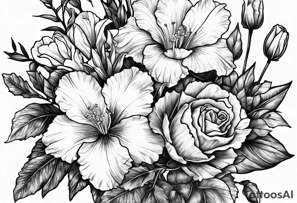 Carnation,rose,daffodil,waterlilly,gladiolus,morning glory,marigold,holly,daisy bouquet tattoo idea