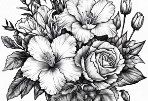 Carnation,rose,daffodil,waterlilly,gladiolus,morning glory,marigold,holly,daisy bouquet tattoo idea