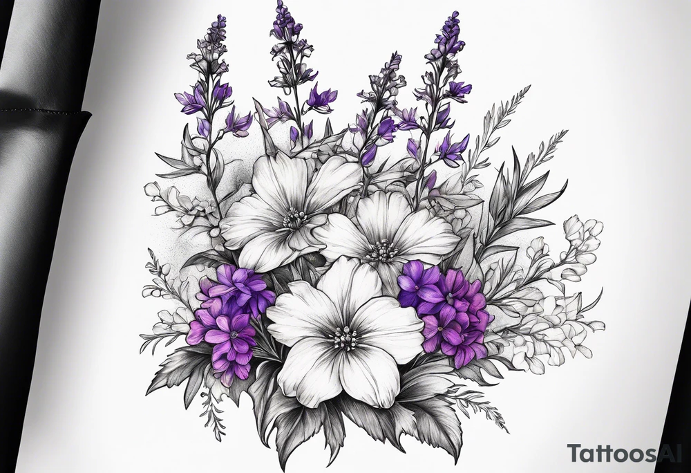 Small, simple sketched bouquet of larkspur, stemmed carnation, stemmed violet, stemmed daisy  bouquet tattoo idea