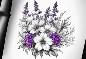 Small, simple sketched bouquet of larkspur, stemmed carnation, stemmed violet, stemmed daisy  bouquet tattoo idea