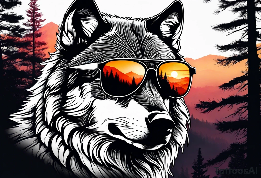 Badass wolf wearing sunglasses
Dark woods
Mountain peaks
Sunset tattoo idea