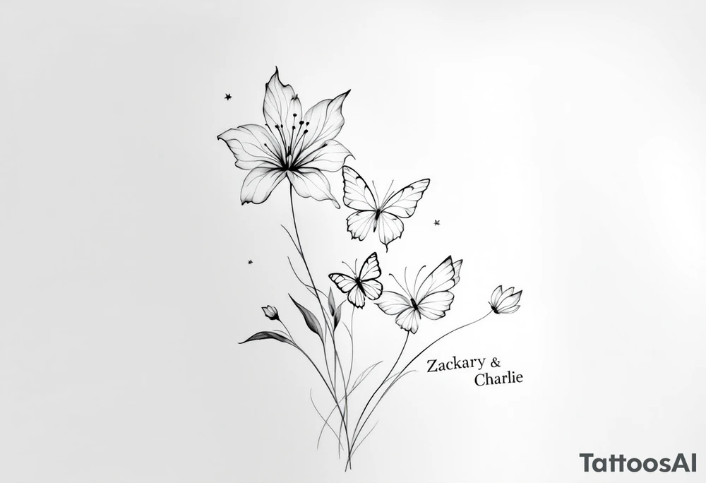 A delicate and highly detailed tattoo design featuring elegant flowers and two butterflies, symbolizing family, love, and the bond between a mother and her children. The flowers, such as lilies or peonies, represent protection, beauty, and unconditional love. Two butterflies gracefully flying around the flowers symbolize the children, Zackary and Charlie, representing their growth and freedom. Their names should be subtly integrated into the design, either along the stems of the flowers, within the butterfly wings, or in an elegant script flowing naturally with the composition. The tattoo should have a soft, flowing aesthetic with fine details, subtle shading, and a harmonious balance between nature and symbolism. The style can be fine line, realistic, or watercolor for a timeless and meaningful look. tattoo idea