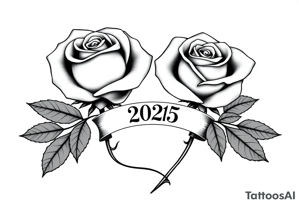 two beautiful large rose buds, one larger than the other, with many leaves next to the rose buds, with one sitting higher than the other. Include a banner connecting the two roses with "2025" on it.   Use dark outlines with little shading. The two stems should be short, not long, and connect and join into one stem, whimsically curved or twisted - not straight down. tattoo idea