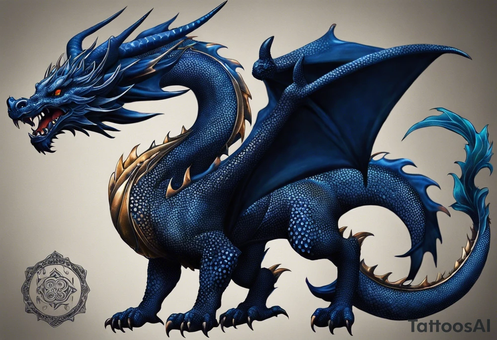 An epic floating dragon. Its long body coiling dynamically, with scales and horns detailed to create a sense of movement and strength. The dragon's main color is midnight blue, giving a vibrant depth and a mystical aura. This tattoo highlights the dragon’s fierce expression and sharp claws. tattoo idea