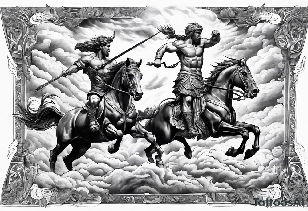 rome, fight, gods, mytology, fire, hourses, clouds realisctic tattoo idea