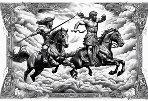 rome, fight, gods, mytology, fire, hourses, clouds realisctic tattoo idea