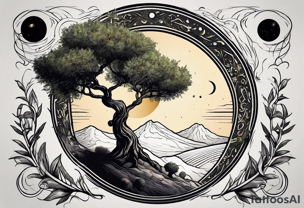 An olive tree with a black hole in the background and a small Saturn-like planet in it. tattoo idea