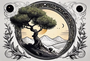 An olive tree with a black hole in the background and a small Saturn-like planet in it. tattoo idea