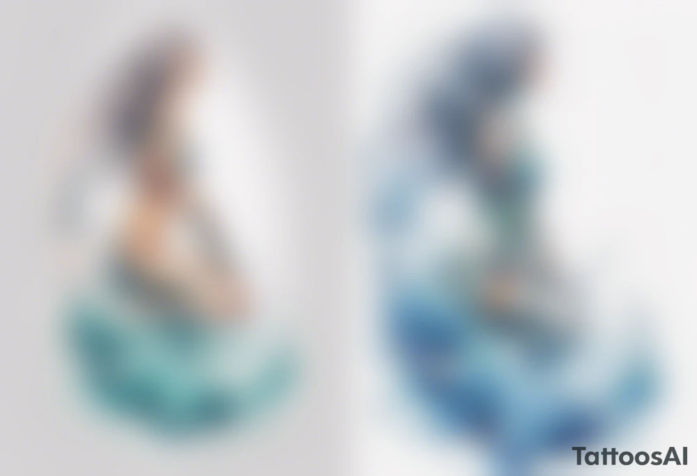 a tall translucent woman made of water covered with water, sitting upon a wave tattoo idea