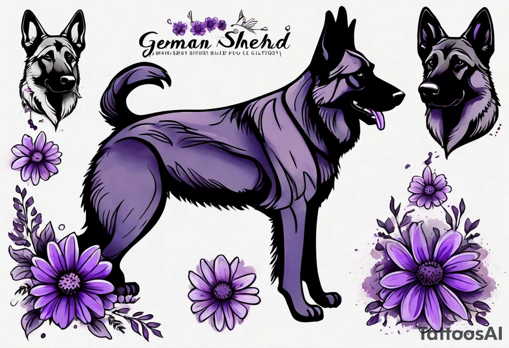 Dark brown German Shepherd with purple daisies tattoo idea