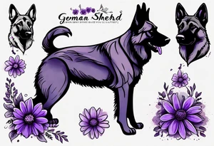 Dark brown German Shepherd with purple daisies tattoo idea