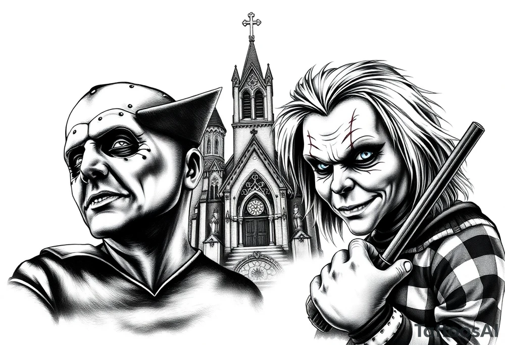 Jason Freddy and chucky looking sinister. An old gothic church is in the back ground. tattoo idea