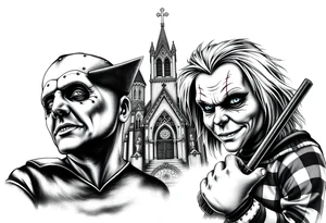 Jason Freddy and chucky looking sinister. An old gothic church is in the back ground. tattoo idea