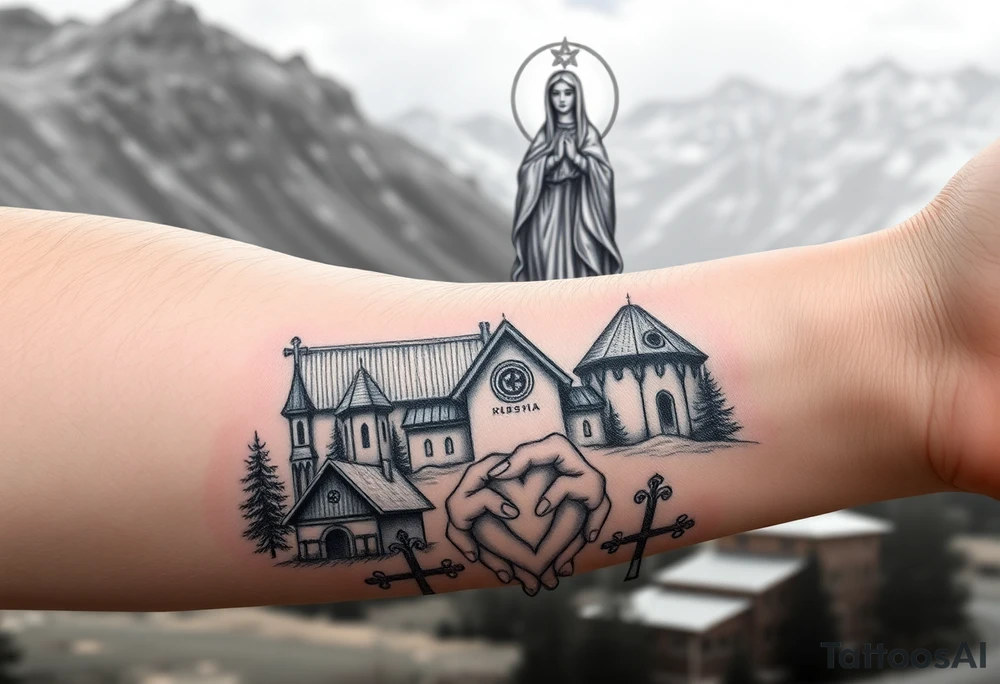 Russian Orthodox church with orthodox spire crosses in a mountainous village setting, with a holy glow around the church, and a virgin mary sat seperately above looking over hands on heart sat above tattoo idea