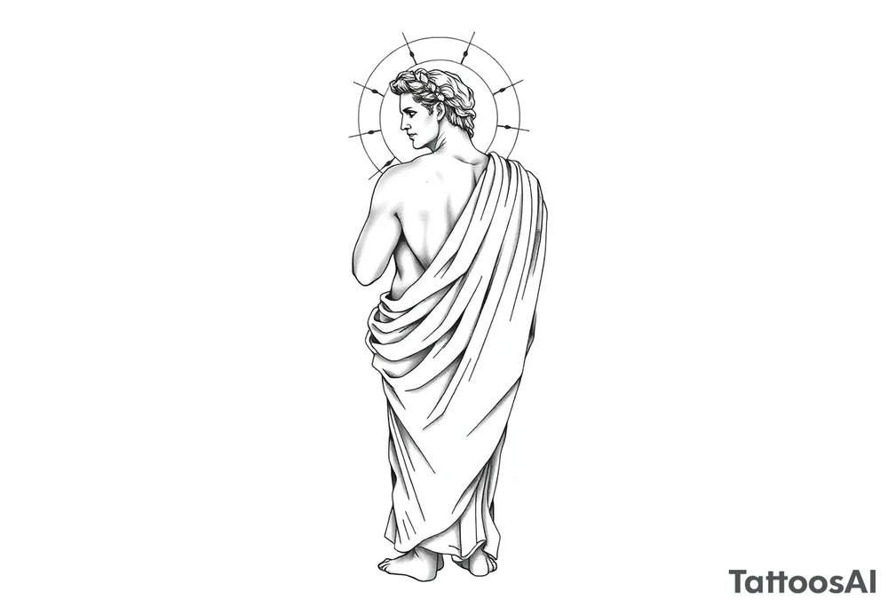 Tattoo design, vertical full sleeve composition, black and grey fine line linework style. Full figure of Apollo, Greek god of light, depicted in classical marble statue style, wearing flowing ancient drapery cloth. Calm powerful stance, balanced proportions, serene expression. Radiant sun halo behind the head with geometric rays. Subtle sacred geometry and orbital cosmic elements surrounding the figure. Laurel wreath symbolism integrated. Light energy lines and minimal abstract flow shapes. Clean composition, elegant, not overcrowded. Include the quote in fine serif lettering: “Do. Or do not. There is no try.” Tattoo stencil design, white background, no dark horror elements, no wings, professional tattoo flash. tattoo idea
