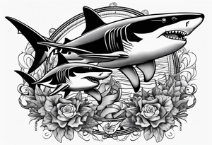 2 nautical style sharks wrapped around the knee tattoo idea