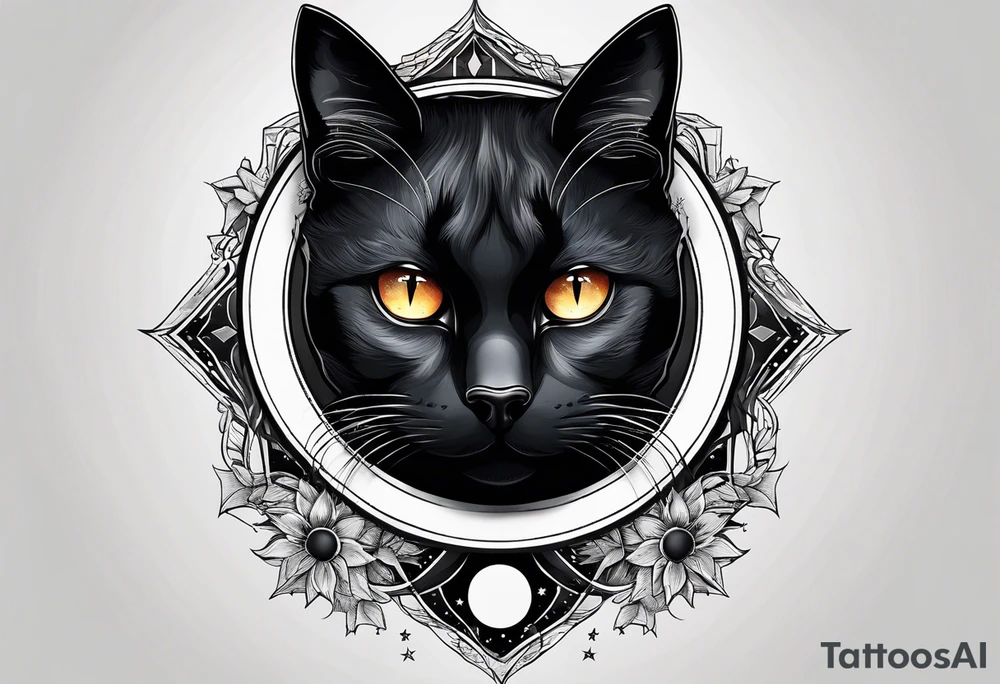 Photo realistic black cat head with moon and stars tattoo idea