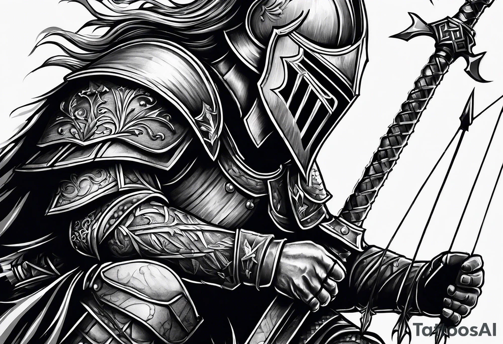 Side profile of a dying knight on his knees with five arrows in his back tattoo idea