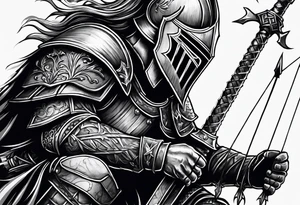 Side profile of a dying knight on his knees with five arrows in his back tattoo idea