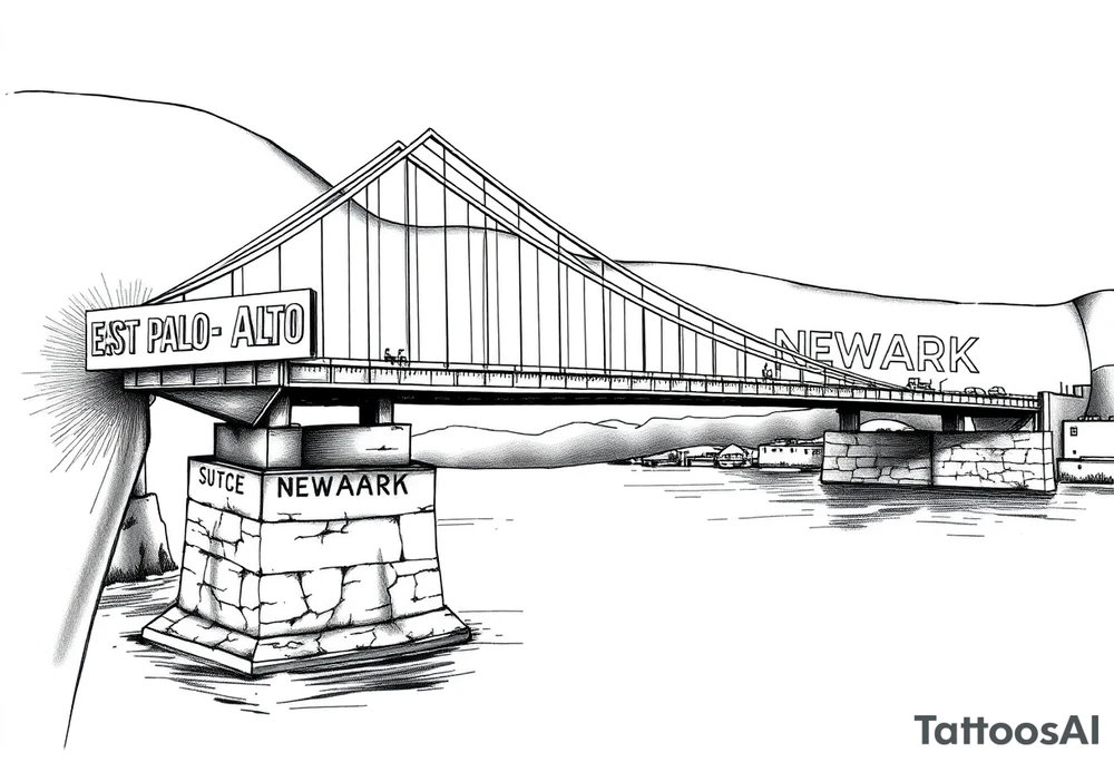 A bridge over water with two cities on the side. The city signs on the side of the bridge. East Palo Alto on the left and Newark on the right tattoo idea