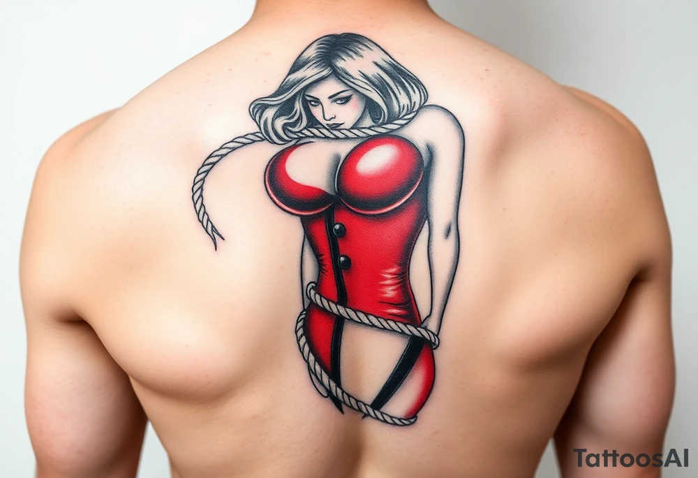 female nude sex slave, wearing red latex catsuit and wrapped in rope hip sized tattoo idea