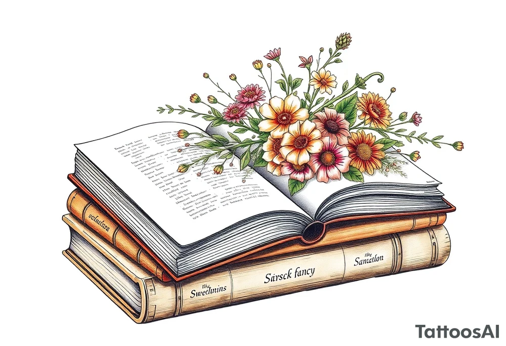 stack of 3 vintage books with various names on the spines top book open with bouquet of different kinds of wild 
flowers coming out of it tattoo idea