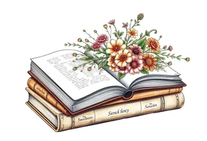 stack of 3 vintage books with various names on the spines top book open with bouquet of different kinds of wild 
flowers coming out of it tattoo idea