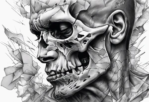 extreme chronic joint pain breaking through skin on arm sorrow sad broken tissue realistic fragmented screaming skull man tattoo idea