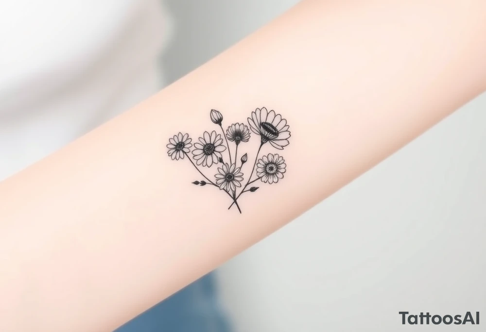 Small flower bouquet 1 daisy, 2 cosmo, 1 poppy, 1 chrysanthemum, tattoo idea
